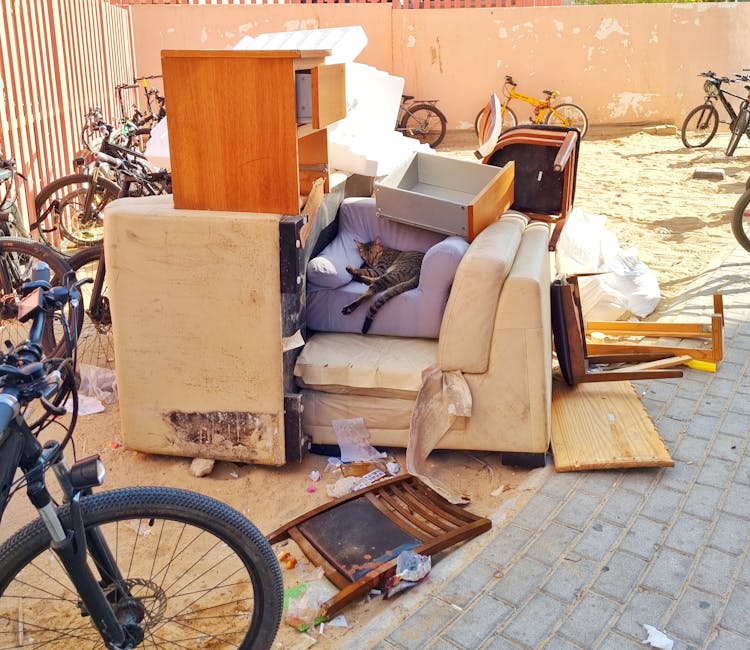 Exterior view of a pile of discarded household furniture and waste materials placed on a paved sidewalk, including an old, stained beige sofa with torn fabric and visible dirt marks, a purple armchair with a tabby cat lying on it, various wooden furniture pieces such as a small cabinet, a chair, and a tabletop, some cardboard boxes, foam packaging, and plastic wrapping scattered around. Bicycles are parked nearby, and a peach-colored wall with peeling paint serves as the background. The scene appears to depict a furniture disposal area, which is relevant to house removals and furniture transport services offered by Man with Van Gants Hill, illustrating the need for legal and proper disposal during home relocation processes.